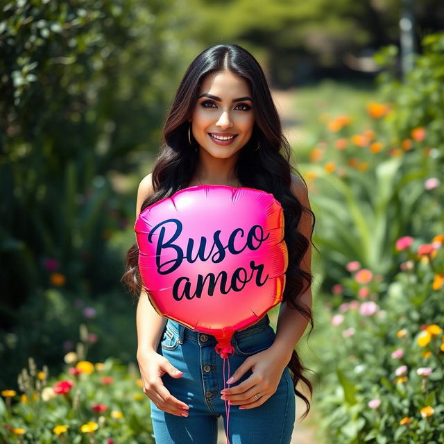 A 35-year-old woman standing in a full-body pose in a picturesque natural setting, surrounded by lush greenery and colorful flowers