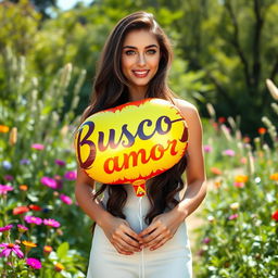 A 35-year-old woman standing in a full-body pose in a picturesque natural setting, surrounded by lush greenery and colorful flowers