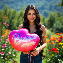 A 35-year-old woman standing in a full-body pose in a picturesque natural setting, surrounded by lush greenery and colorful flowers