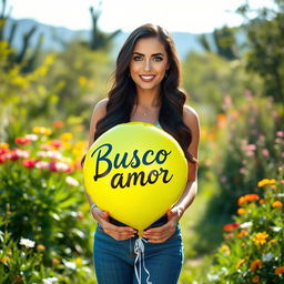 A 35-year-old woman standing in a full-body pose in a picturesque natural setting, surrounded by lush greenery and colorful flowers