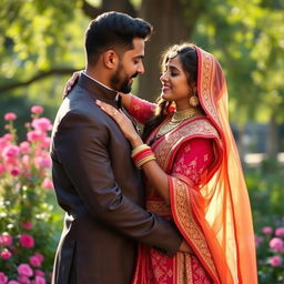 An artistic representation of a passionate and romantic scene between a beautiful Hindu woman in vibrant traditional attire, showcasing intricate patterns and rich colors, and a handsome Muslim man dressed in elegant contemporary garments