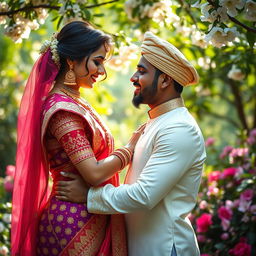 An artistic representation of a passionate and romantic scene between a beautiful Hindu woman in vibrant traditional attire, showcasing intricate patterns and rich colors, and a handsome Muslim man dressed in elegant contemporary garments
