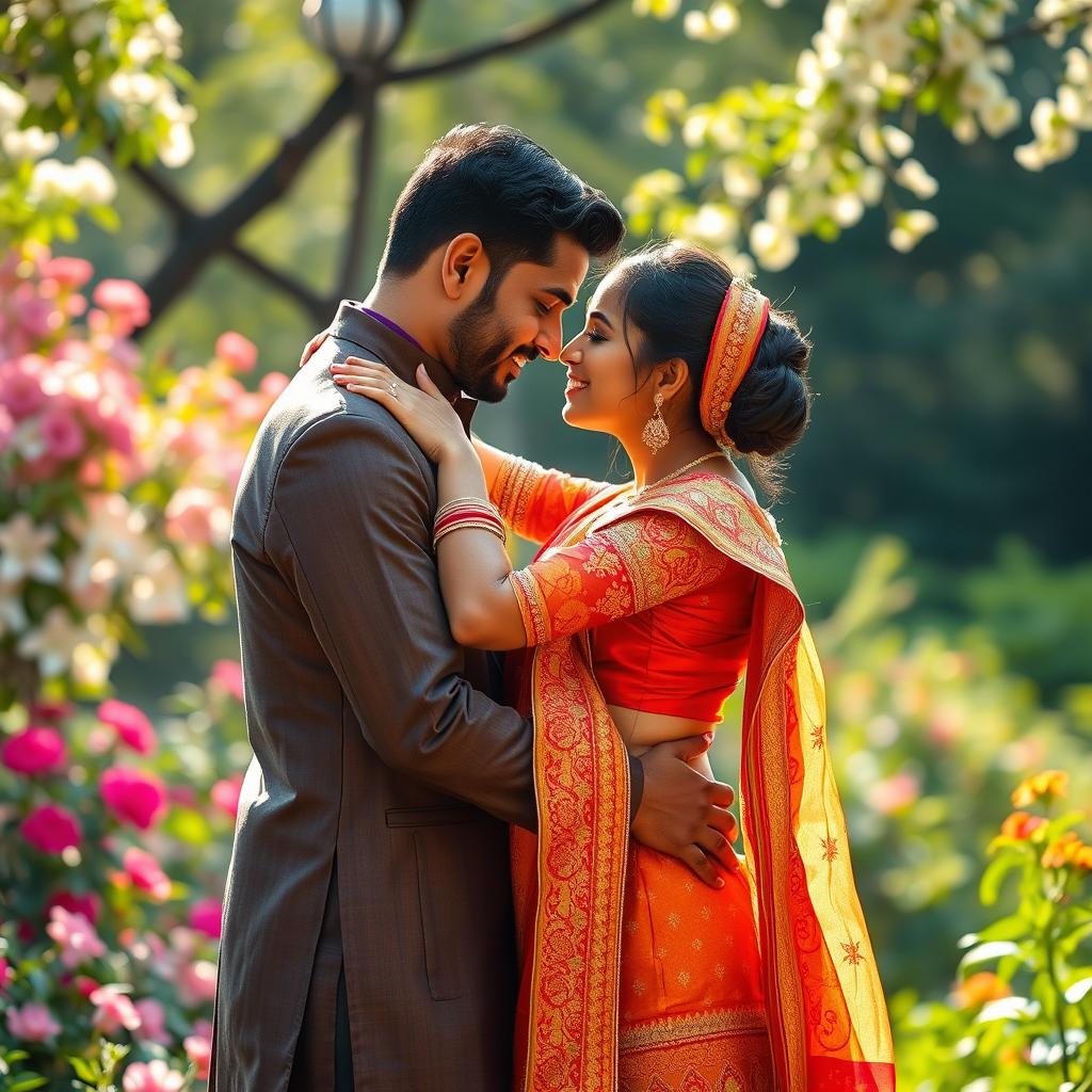 An artistic representation of a passionate and romantic scene between a beautiful Hindu woman in vibrant traditional attire, showcasing intricate patterns and rich colors, and a handsome Muslim man dressed in elegant contemporary garments