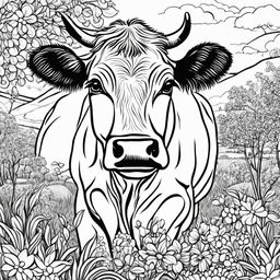 Colouring book page featuring an intricately detailed black and white cow in a pastoral scene.