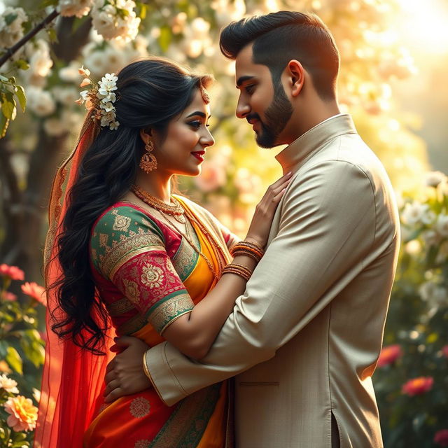 An artistic representation of a passionate and romantic scene between a beautiful Hindu woman in vibrant traditional attire, showcasing intricate patterns and rich colors, and a handsome Muslim man dressed in elegant contemporary garments