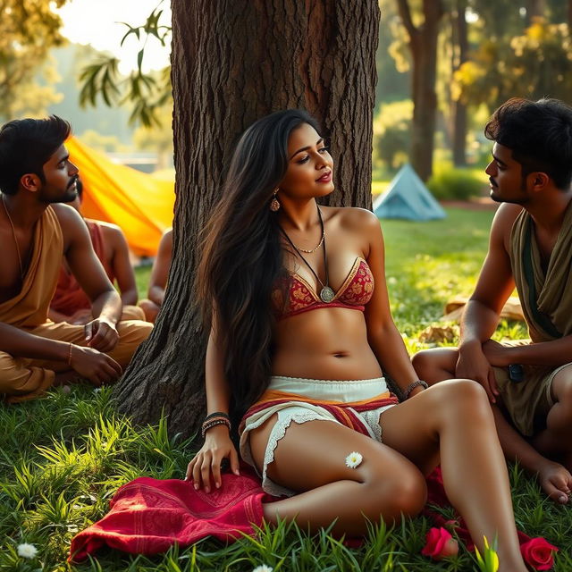 An intimate and passionate scene featuring an attractive Indian woman at a scenic campsite, sitting on vibrant green grass while leaning against a large tree