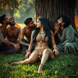 An intimate and passionate scene featuring an attractive Indian woman at a scenic campsite, sitting on vibrant green grass while leaning against a large tree