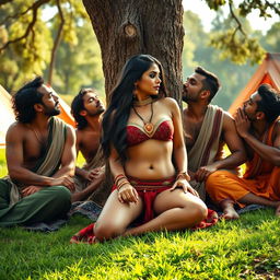 An intimate and passionate scene featuring an attractive Indian woman at a scenic campsite, sitting on vibrant green grass while leaning against a large tree