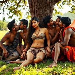 An intimate and passionate scene featuring an attractive Indian woman at a scenic campsite, sitting on vibrant green grass while leaning against a large tree