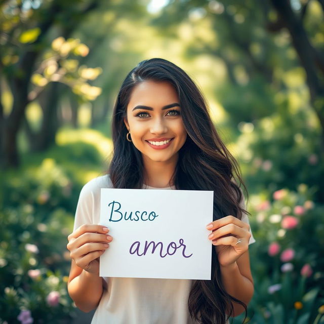 A 35-year-old woman standing in a full-body pose in a scenic natural environment, surrounded by lush greenery and blooming flowers