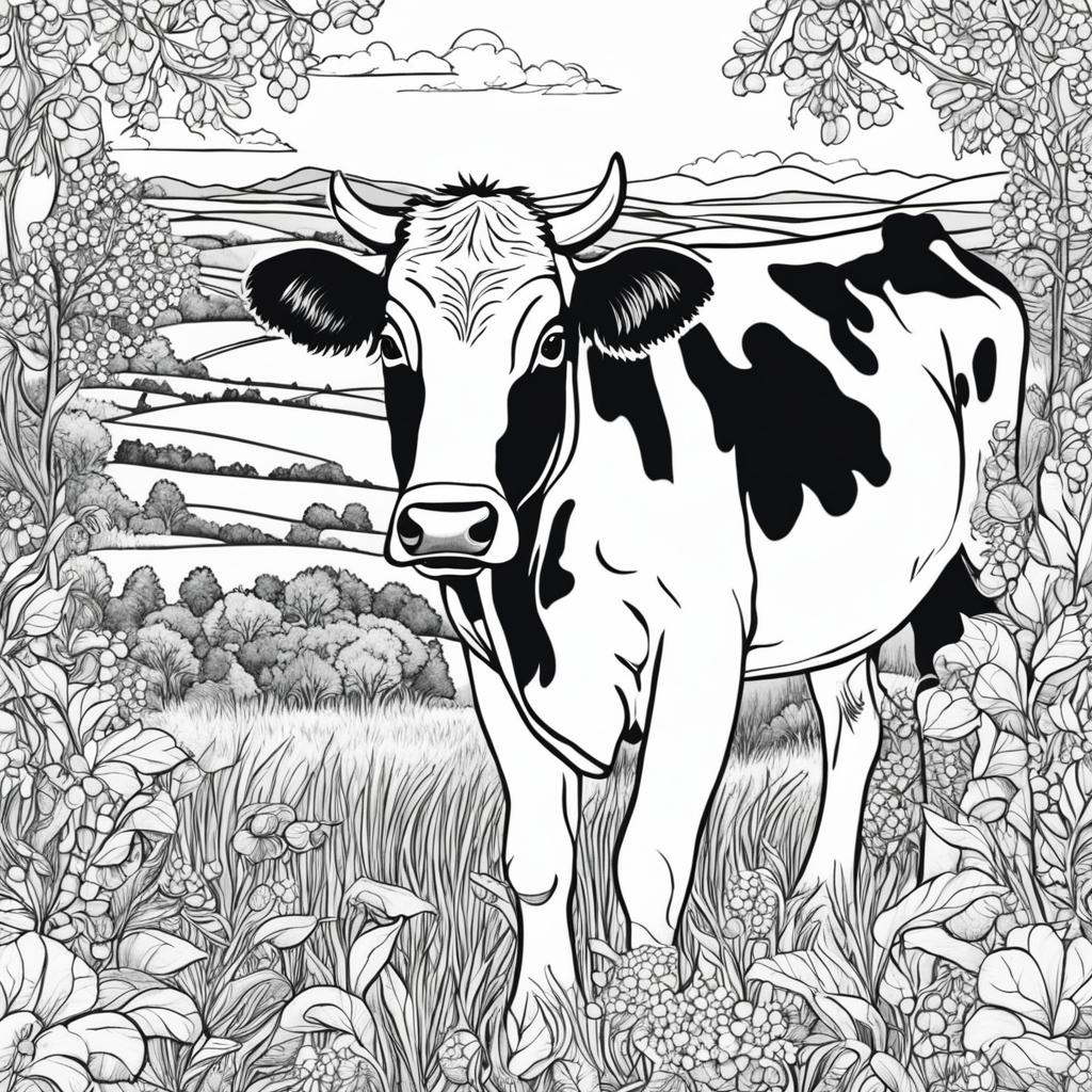 Colouring book page featuring an intricately detailed black and white cow in a pastoral scene.