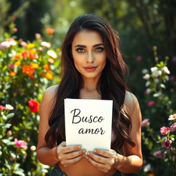 A 35-year-old woman standing in a full-body pose in a lush natural setting, surrounded by vibrant foliage and blooming flowers