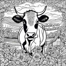 Colouring book page featuring an intricately detailed black and white cow in a pastoral scene.