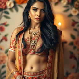 A striking portrait of a beautiful Hindu woman, showcasing her traditional attire with intricate designs and vibrant colors