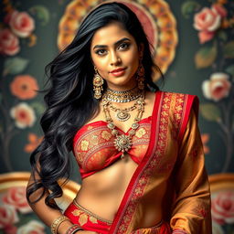 A striking portrait of a beautiful Hindu woman, showcasing her traditional attire with intricate designs and vibrant colors