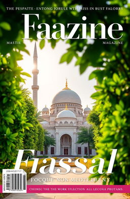 A magazine cover featuring Faisal Mosque, surrounded by lush green foliage