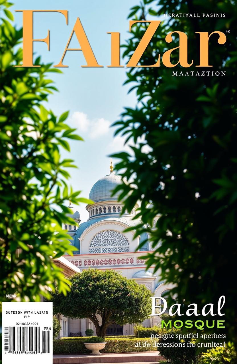 A magazine cover featuring Faisal Mosque, surrounded by lush green foliage