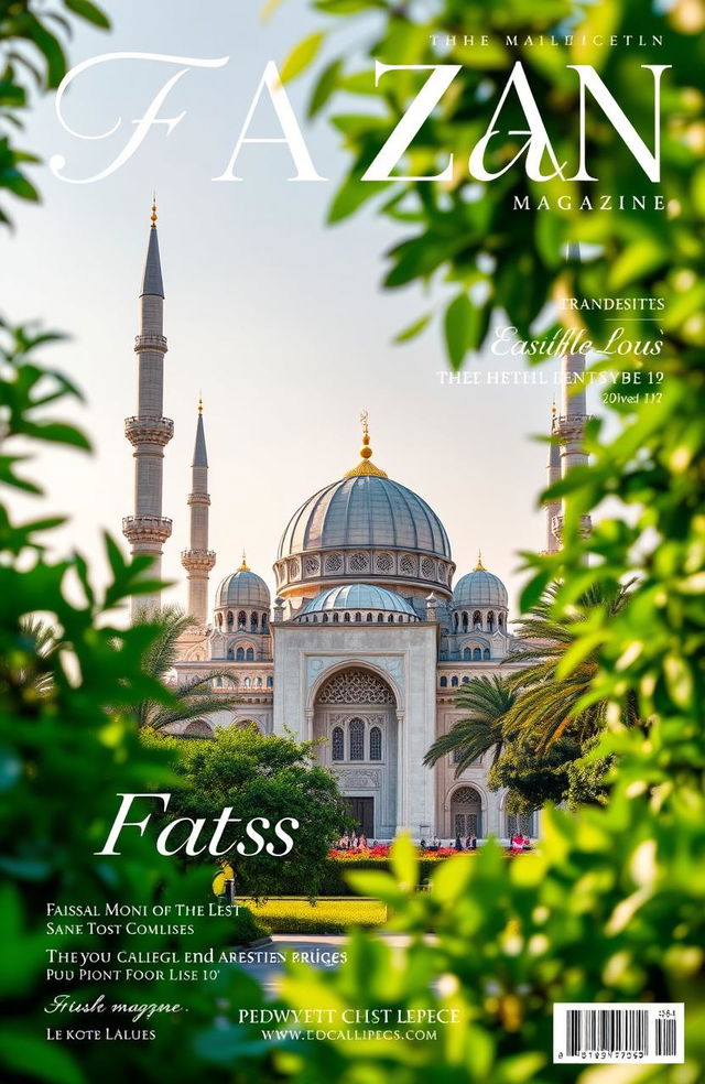 A magazine cover featuring Faisal Mosque, surrounded by lush green foliage