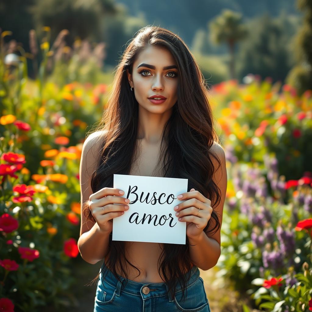 A 35-year-old woman standing in a full-body pose amidst a lush natural landscape, surrounded by vibrant greenery and colorful flowers