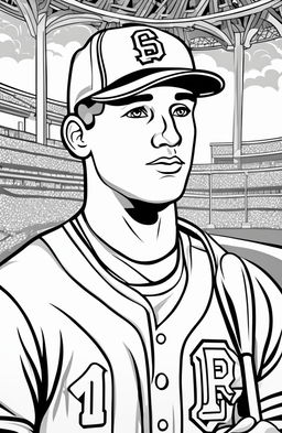 A colouring book page featuring a simple, face-focused illustration of a baseball player.