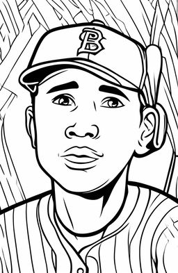 A colouring book page featuring a simple, face-focused illustration of a baseball player.