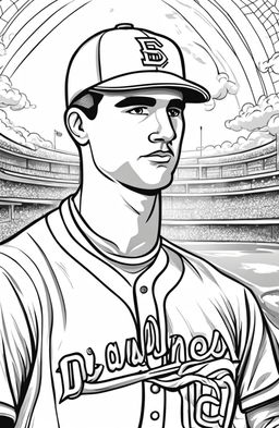 A colouring book page featuring a simple, face-focused illustration of a baseball player.