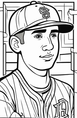 A colouring book page featuring a simple, face-focused illustration of a baseball player.