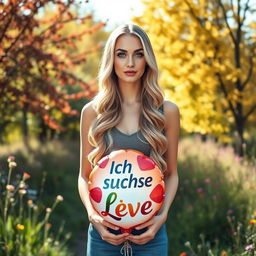 A 35-year-old woman standing full-length in a picturesque natural setting, surrounded by vibrant trees and wildflowers