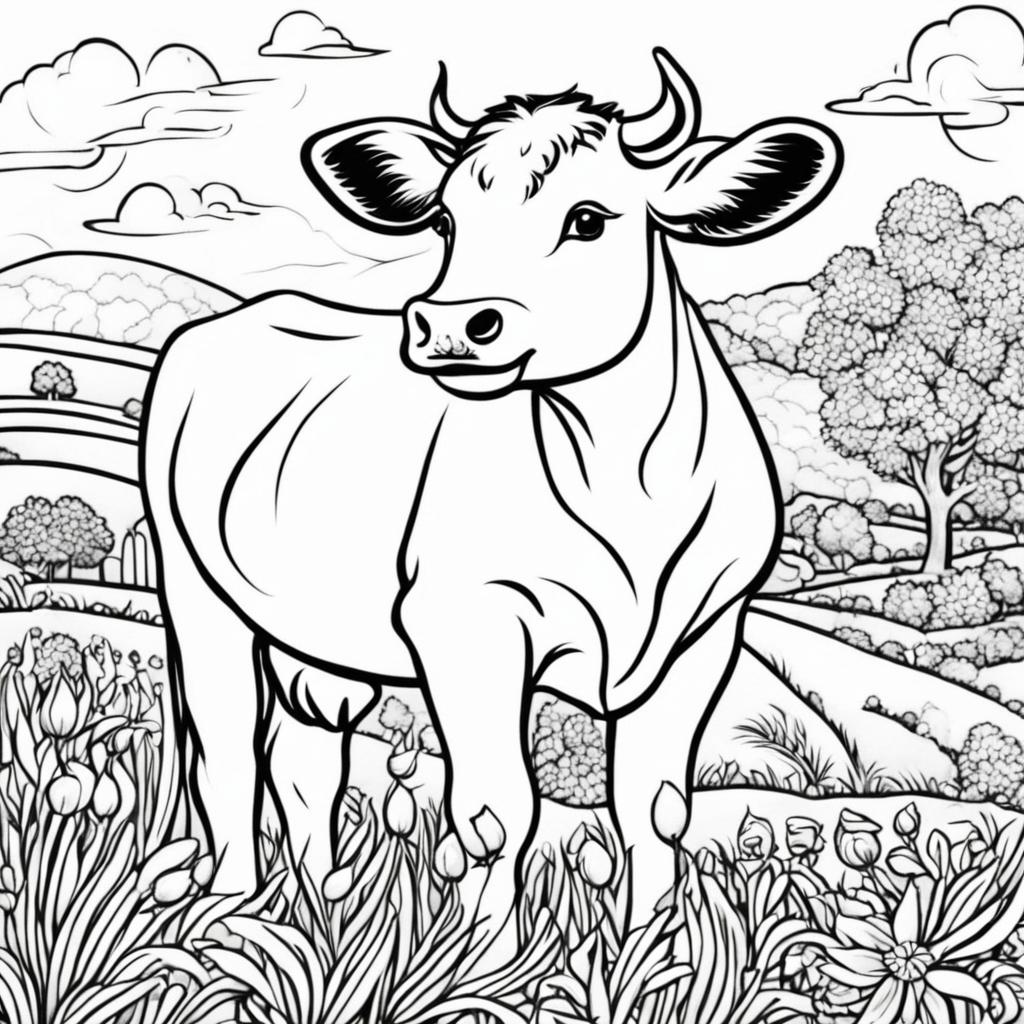 A detailed black and white colouring book page featuring an adorable cow in a pastoral scene.