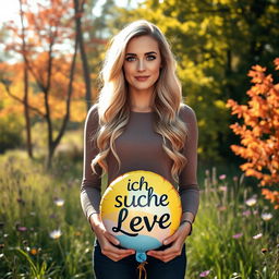 A 35-year-old woman standing full-length in a picturesque natural setting, surrounded by vibrant trees and wildflowers