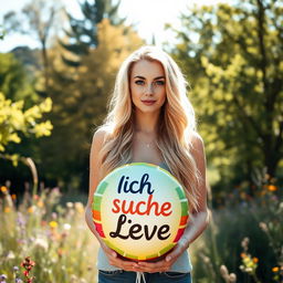 A 35-year-old woman standing full-length in a picturesque natural setting, surrounded by vibrant trees and wildflowers