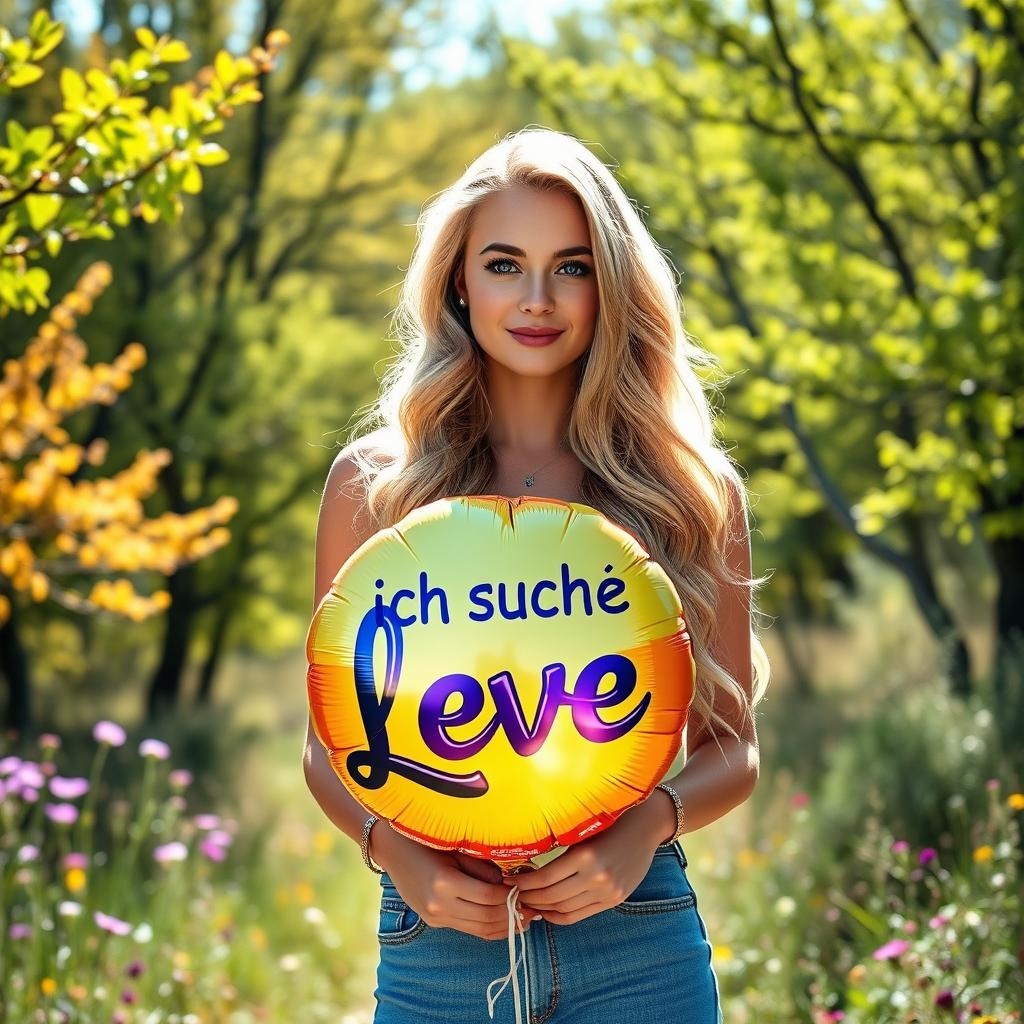 A 35-year-old woman standing full-length in a picturesque natural setting, surrounded by vibrant trees and wildflowers