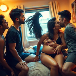 A provocative scene set in a warmly lit hostel room, where a stunning woman with dark, flowing hair is positioned on a cozy bed, leaning against the wall