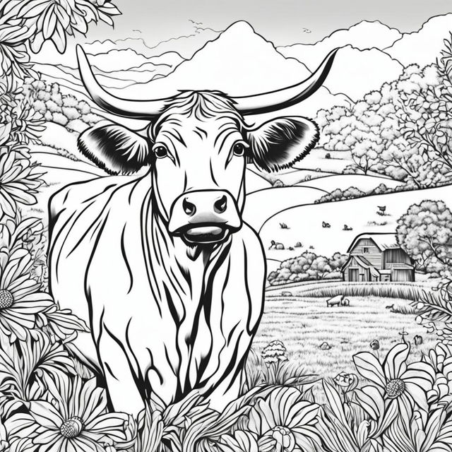 A detailed black and white colouring book page featuring an adorable cow in a pastoral scene.