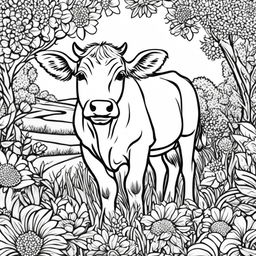 A detailed black and white colouring book page featuring an adorable cow in a pastoral scene.