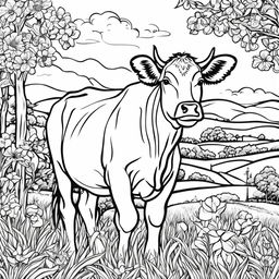 A detailed black and white colouring book page featuring an adorable cow in a pastoral scene.