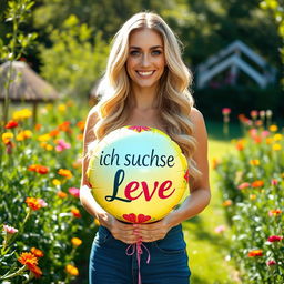 A 35-year-old woman standing full-length in a beautiful nature setting, surrounded by lush greenery and colorful flowers