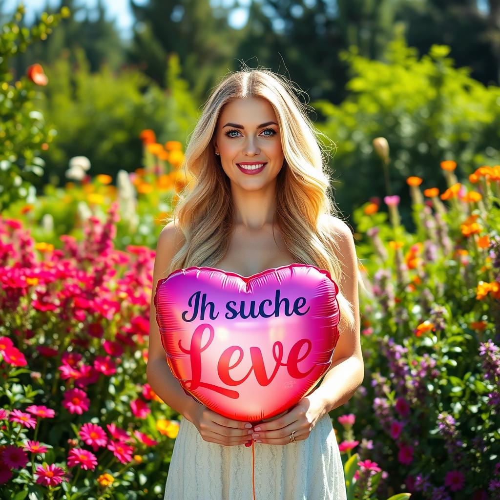 A 35-year-old woman standing full-length in a beautiful nature setting, surrounded by lush greenery and colorful flowers