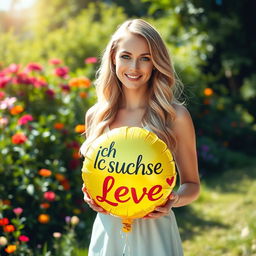 A 35-year-old woman standing full-length in a beautiful nature setting, surrounded by lush greenery and colorful flowers