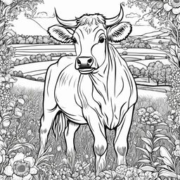 Intricately detailed black and white colouring book page featuring an adorable cow in a pastoral scene.