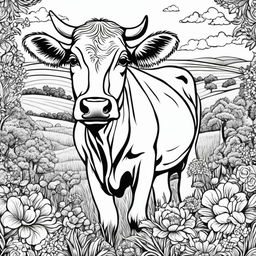 Intricately detailed black and white colouring book page featuring an adorable cow in a pastoral scene.