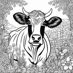 Intricately detailed black and white colouring book page featuring an adorable cow in a pastoral scene.