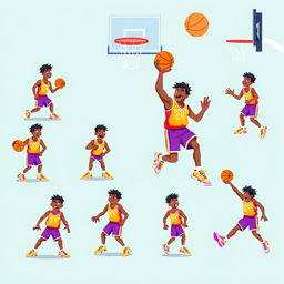 A vibrant and colorful pixel art sprite sheet featuring a dynamic basketball player