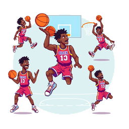 A vibrant and colorful pixel art sprite sheet featuring a dynamic basketball player