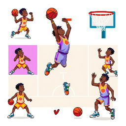 A vibrant and colorful pixel art sprite sheet featuring a dynamic basketball player