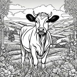 Intricately detailed black and white colouring book page featuring an adorable cow in a pastoral scene.