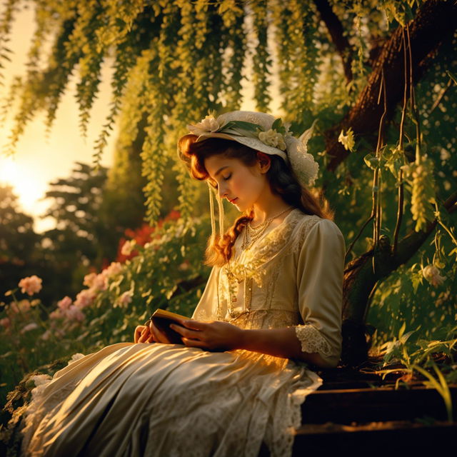 Victorian-era girl reading under a weeping willow tree during golden hour in spring.