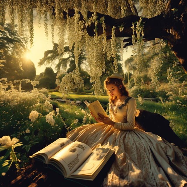 Wide-angle shot of a Victorian-era girl reading a novel under a weeping willow tree during golden hour in spring.