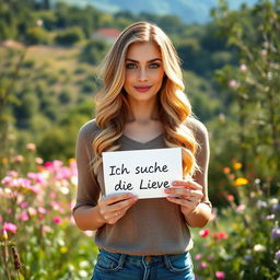 A 35-year-old woman standing full-length in a picturesque natural environment, gracefully posing with a clear, radiant face