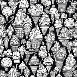 Intricate black and white colouring book page featuring a detailed design of various ice cream desserts.